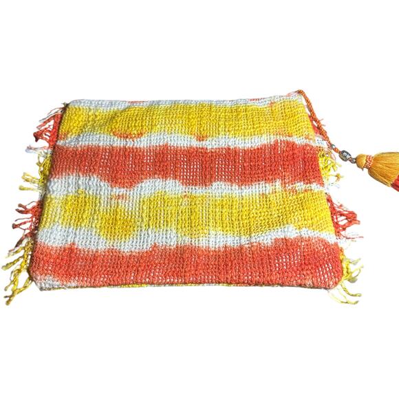 Ramy Brook Tie-Dye Pouch Bag Orange Yellow Fringe Boho Travel Clutch Purse - Picture 1 of 6